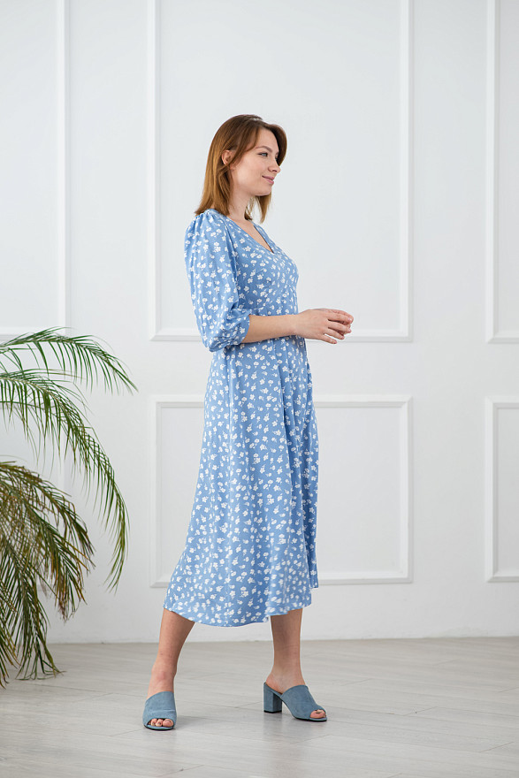 Blue floral print long dress with puffed skirt