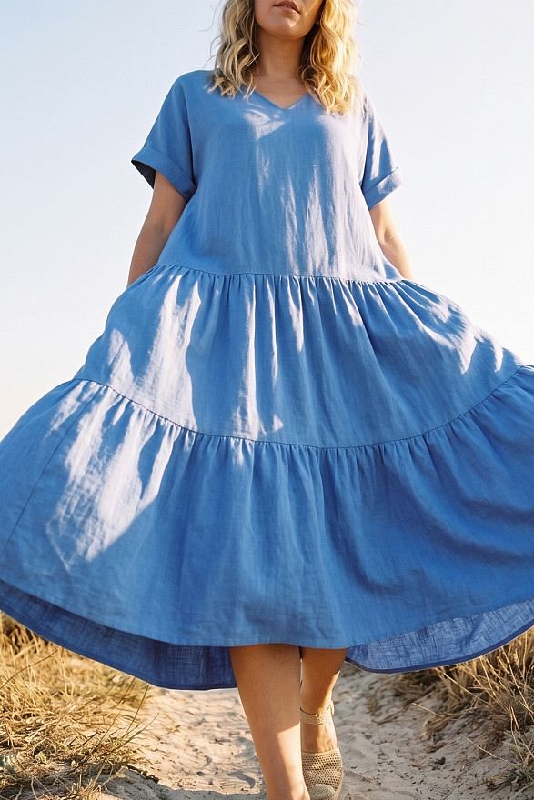 Light blue V-neck midi dress with wide ruffles