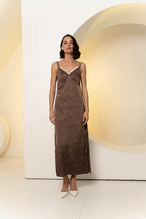 Шовкова сукня-міді в білизняному стилі шоколадного кольору