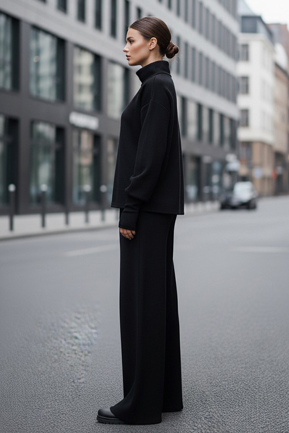 Черный прогулочный костюм из нежной вязаной ангоры