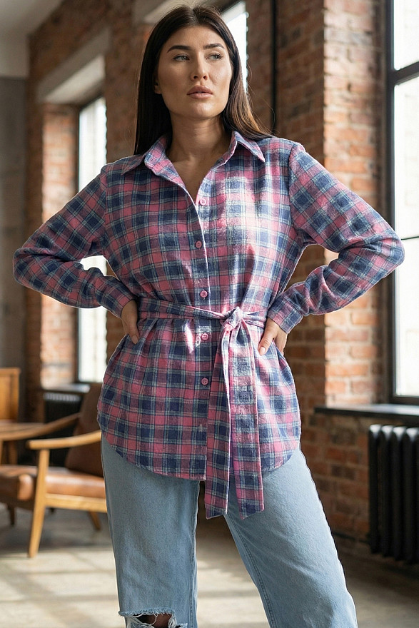 Pink straight women's checkered shirt