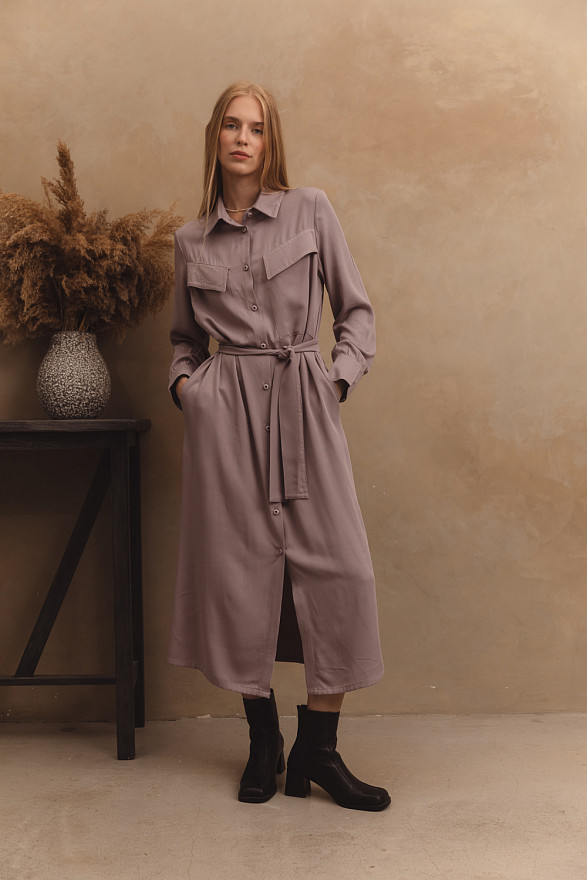 Сіра вільна сукня з накладними кишенями