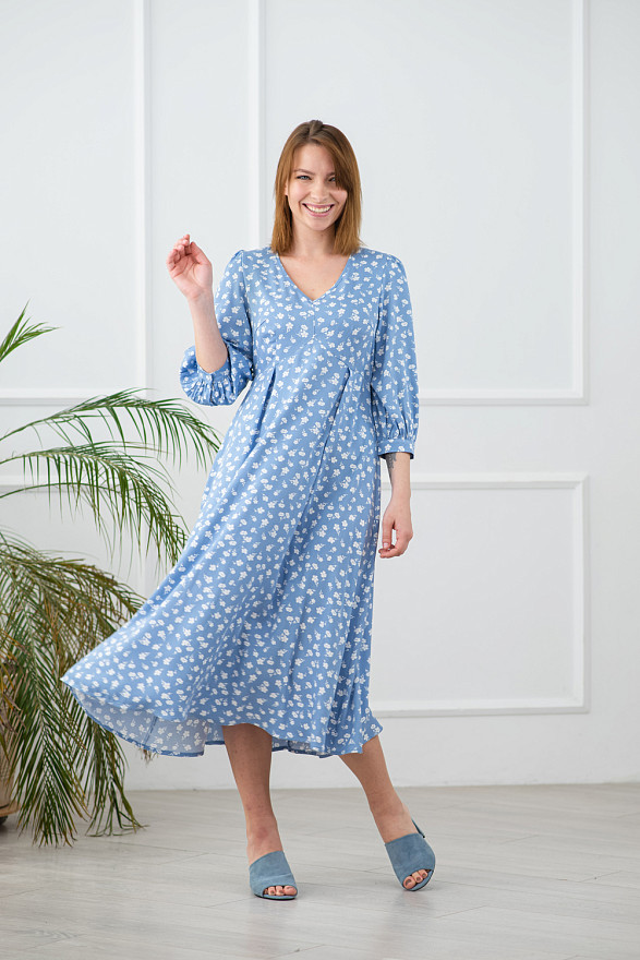 Blue floral print long dress with puffed skirt