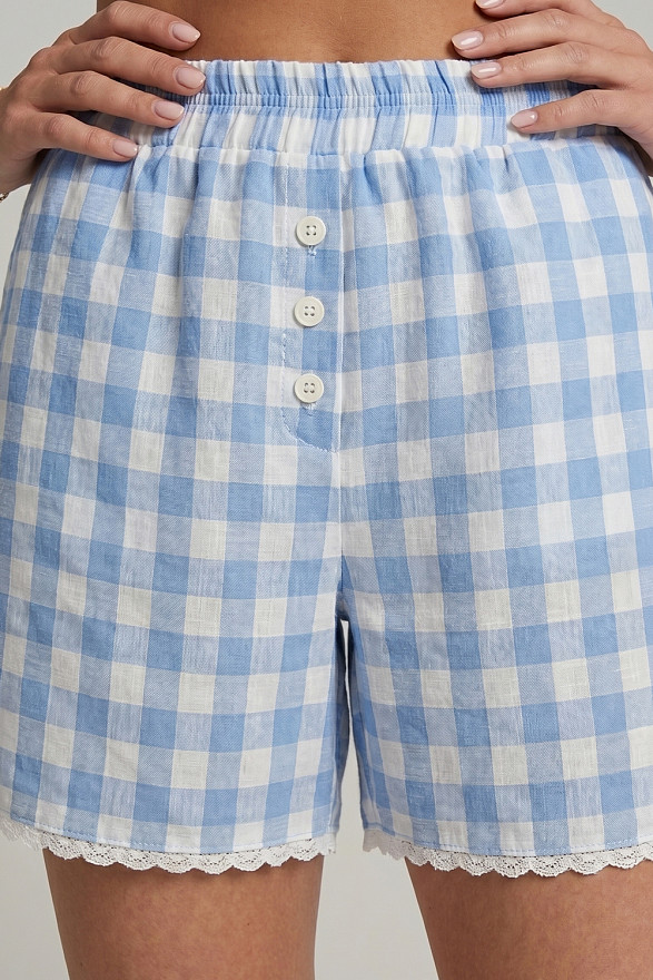 Blue Vichy check two-piece suit with lace trim
