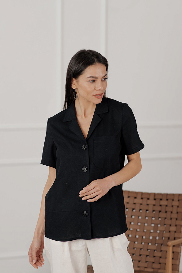 Black Linen Blazer Neck Shirt