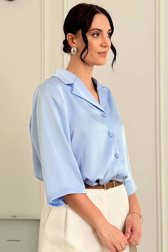 Blue silk shirt with jacket collar