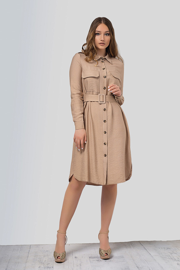 Льняное бежевое платье рубашка