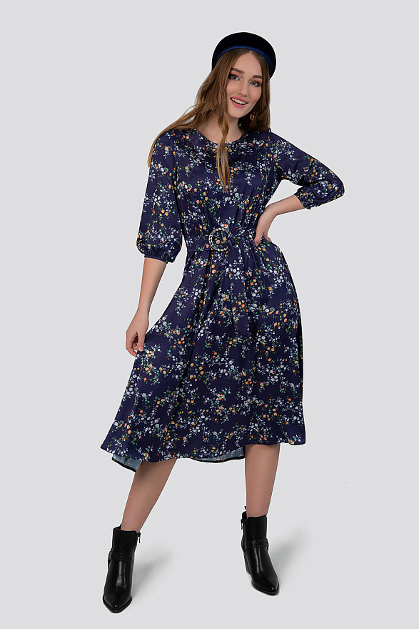 Синє шовкове міді плаття