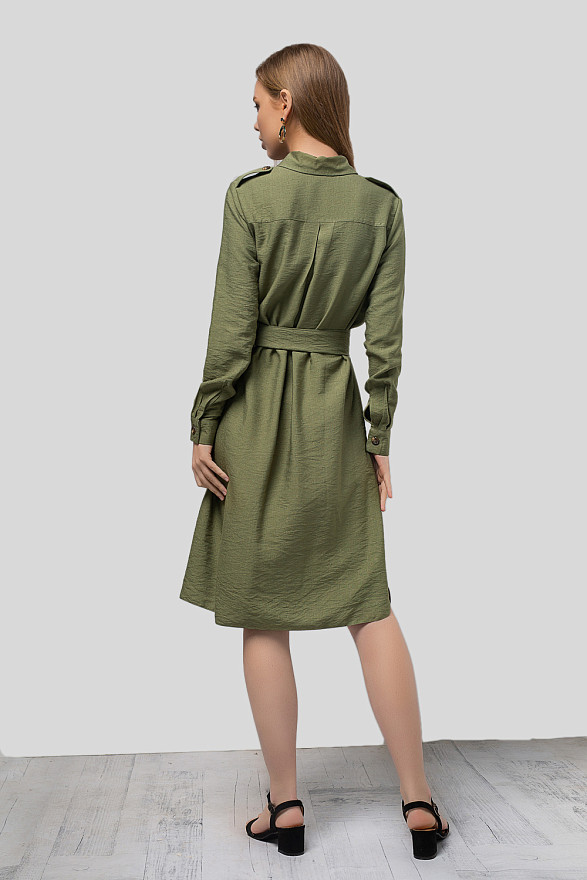 Льняное платье рубашка цвета хаки