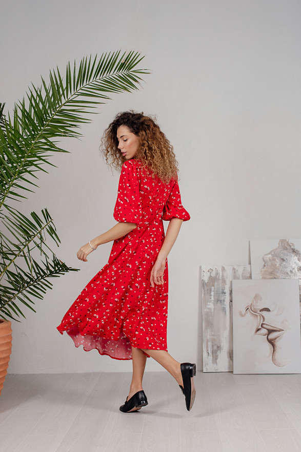 Red long floral print dress