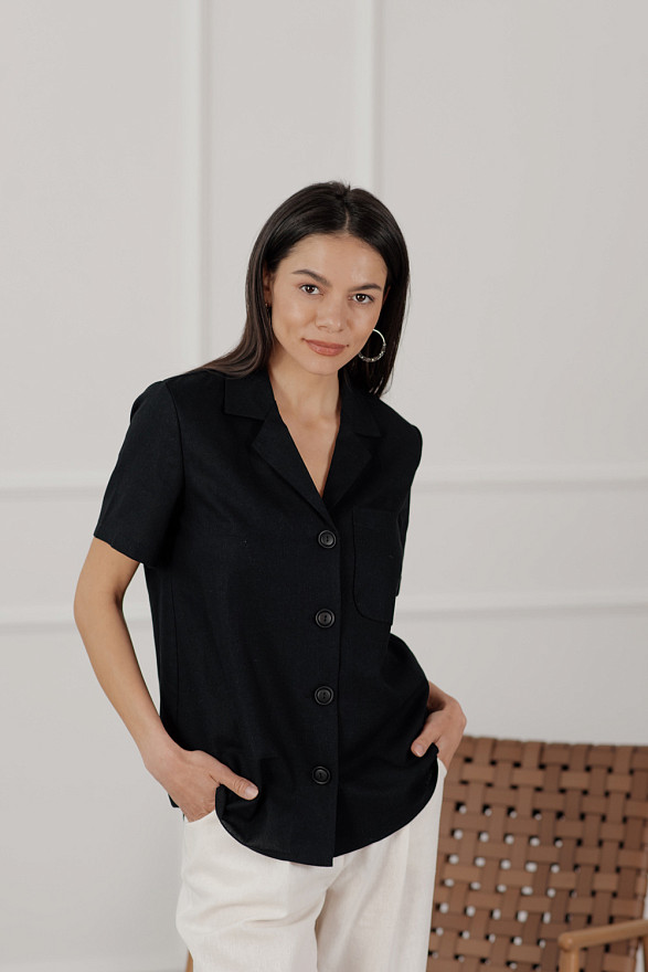 Black Linen Blazer Neck Shirt