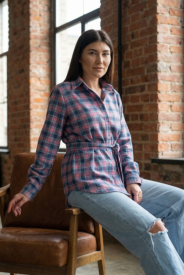 Pink straight women's checkered shirt
