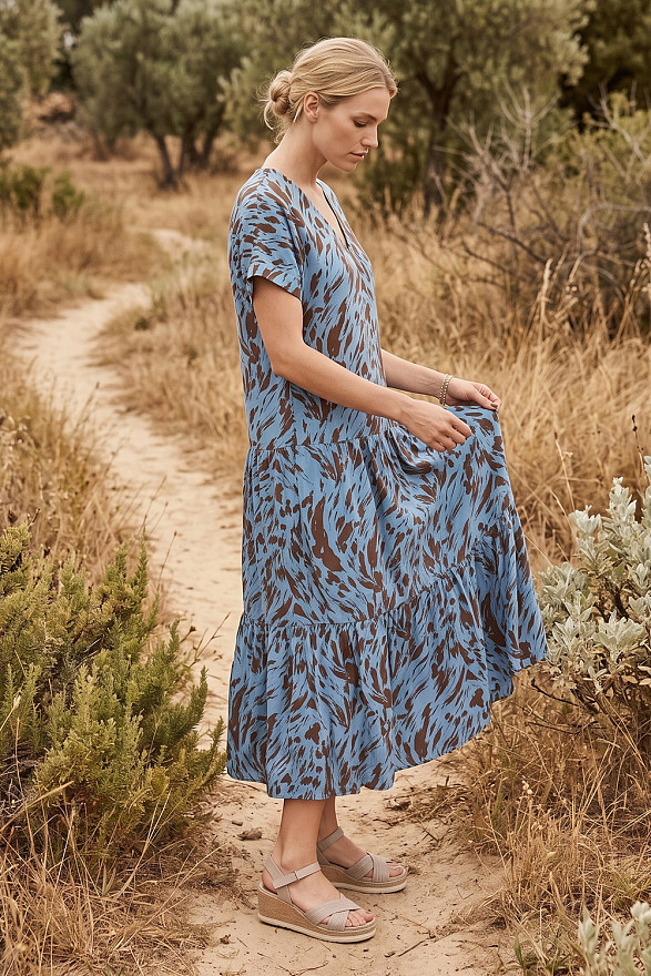 Light blue V-neck midi dress with wide ruffles