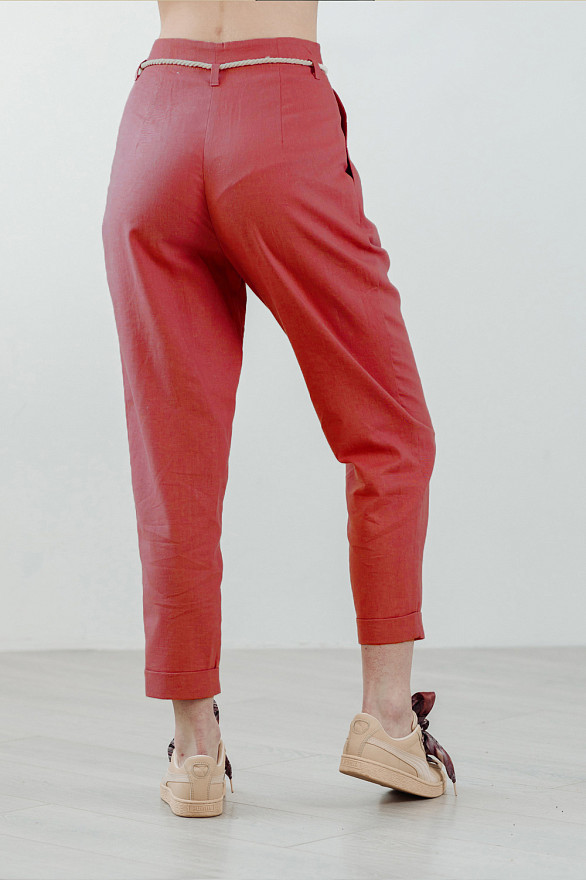 Коралловые льняные брюки на талии