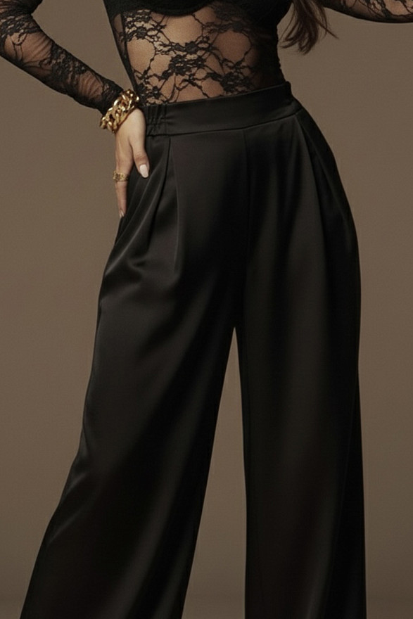 Black palazzo pants with elastic waistband and pockets