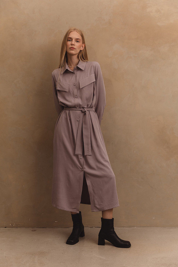 Сіра вільна сукня з накладними кишенями