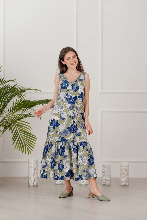 Linen midi khaki dress with ruffle