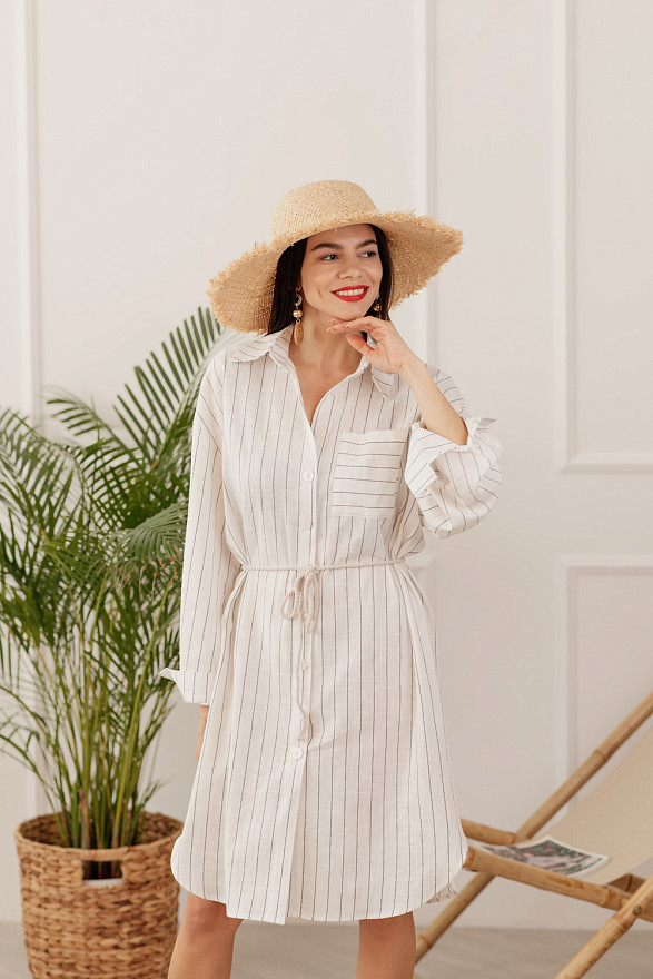 White Belted Striped Shirt-dress
