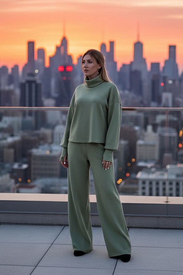 Оливковый прогулочный костюм из мягкой вязаной ангоры