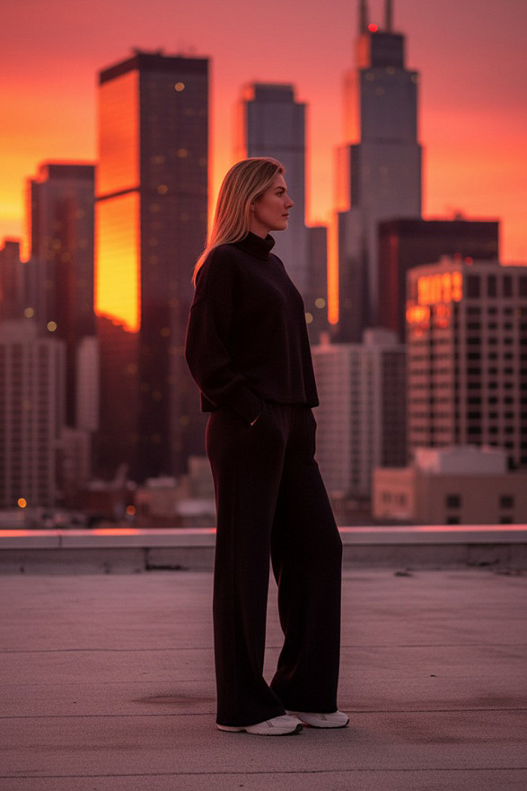 Black walking suit made of soft knitted angora