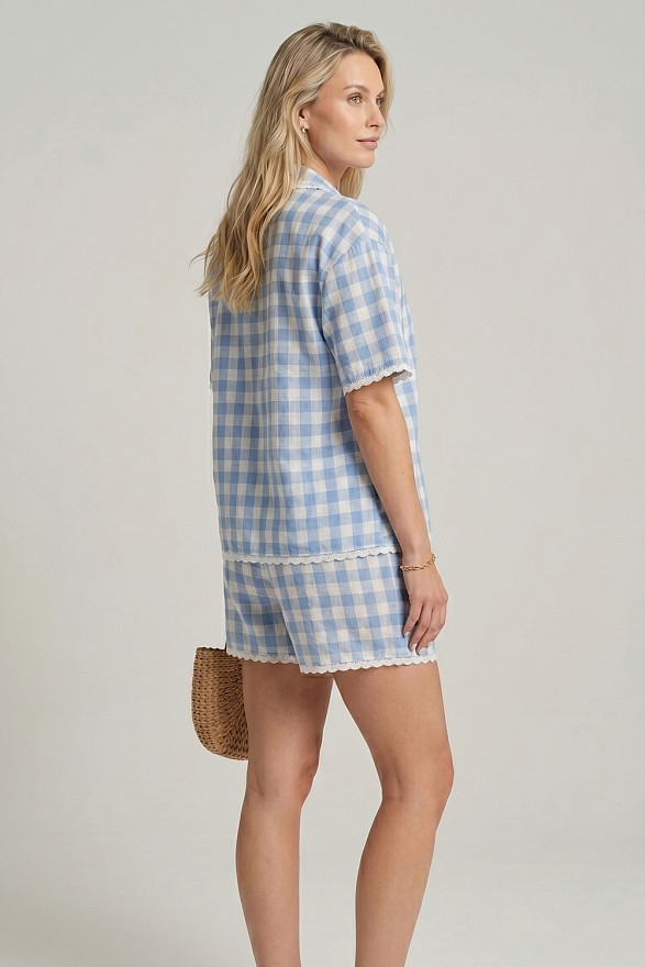 Blue Vichy check two-piece suit with lace trim