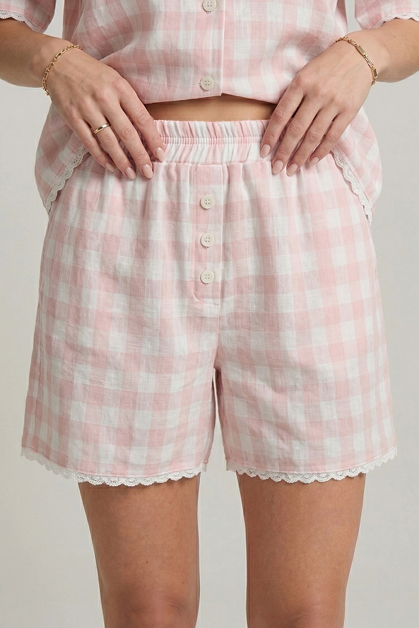 Pink Vichy Check Two-Piece Suit with Lace Trim