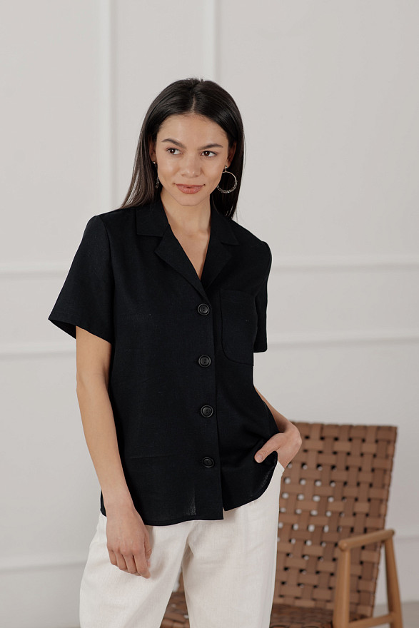 Black Linen Blazer Neck Shirt