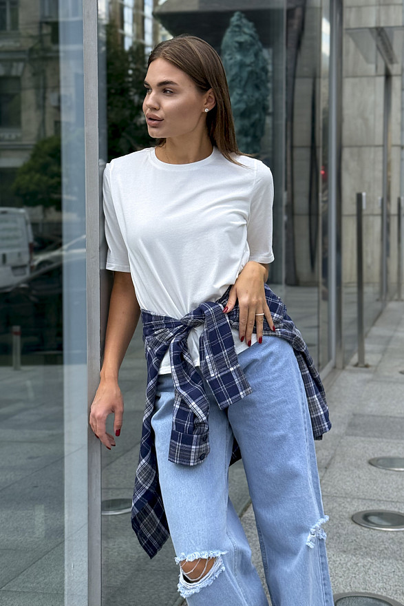 Синя пряма сорочка в клітку