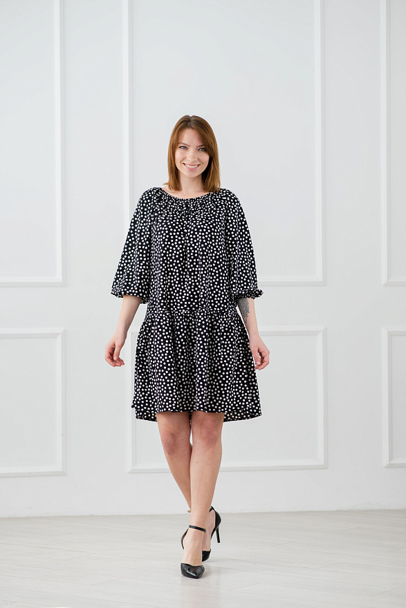 Black loose fit open dress with elastic band at neckline