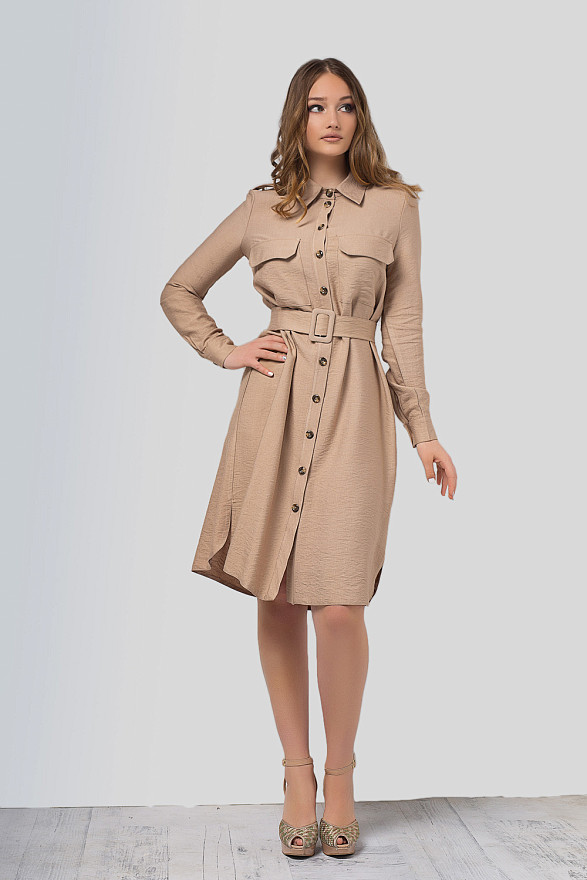 Льняное бежевое платье рубашка