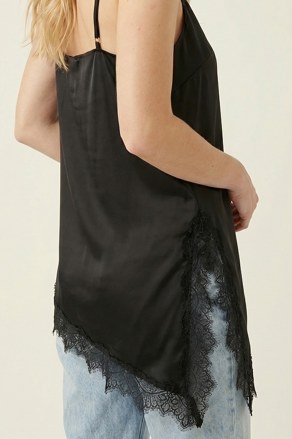 Black satin asymmetrical top with lace