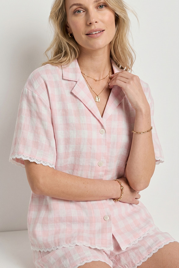 Pink Vichy Check Two-Piece Suit with Lace Trim