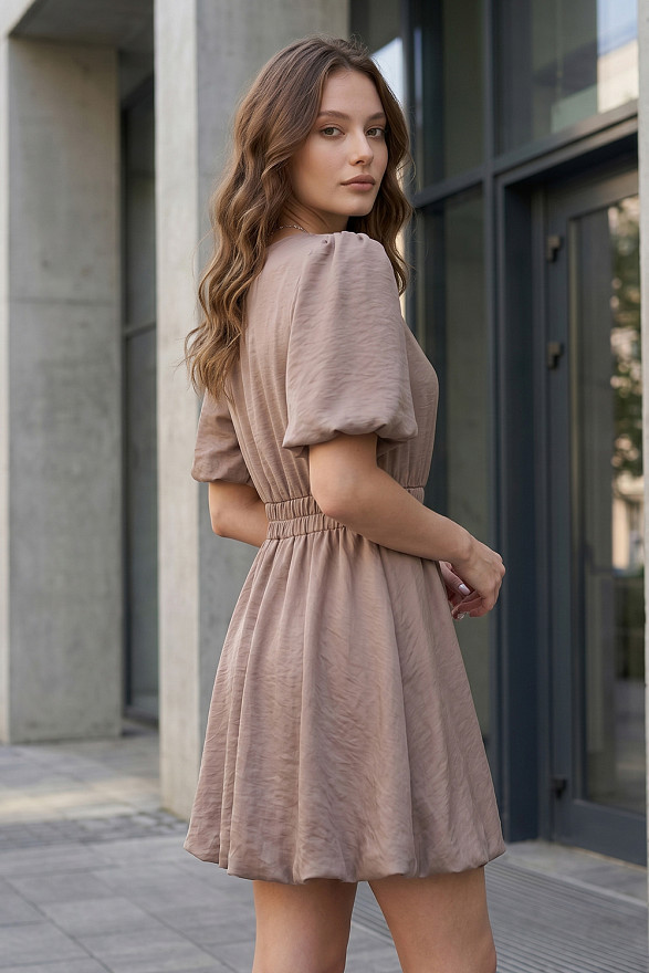 Brown crinkle mini dress with a V-neck and a balloon skirt