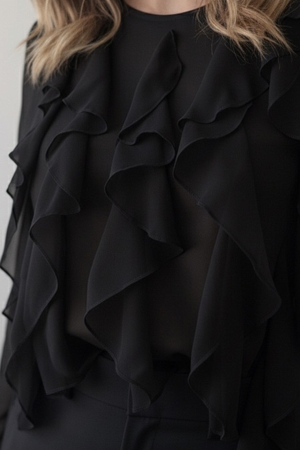 Черный лонгслив с воланами