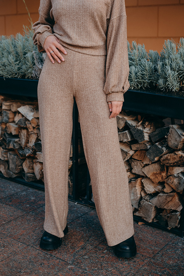 Beige knit flared trousers