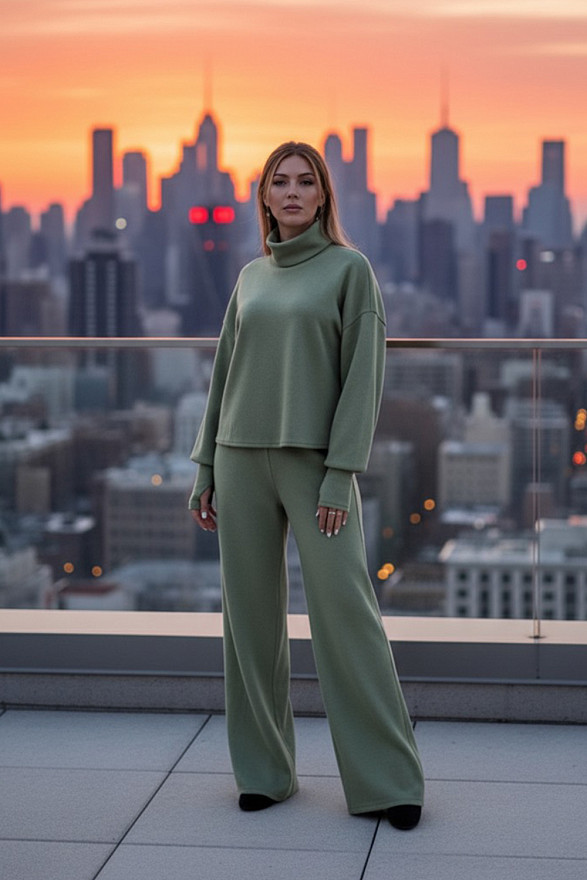 Olive green soft knit angora walking suit