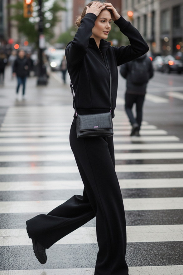 Black knitted angora suit