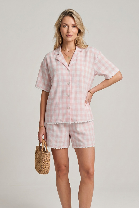 Pink Vichy Check Two-Piece Suit with Lace Trim