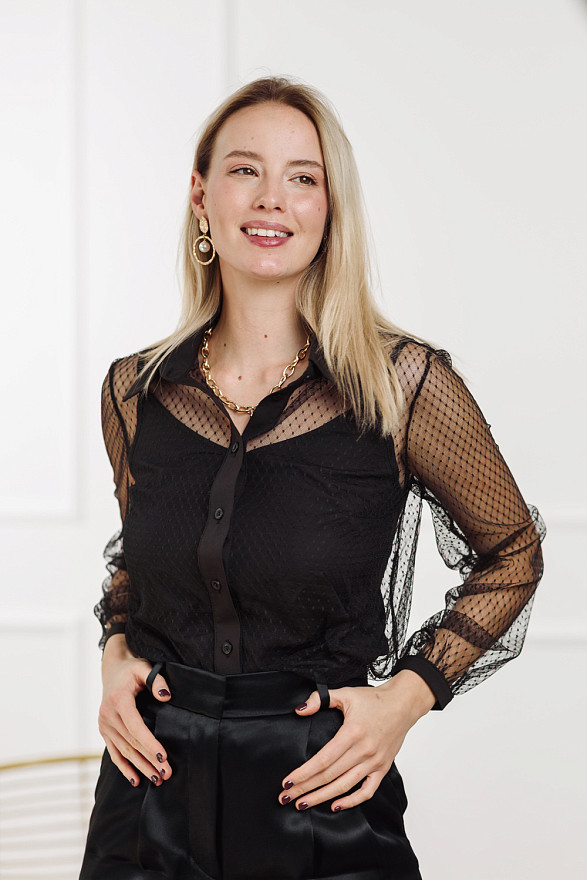 Black polka dot mesh blouse