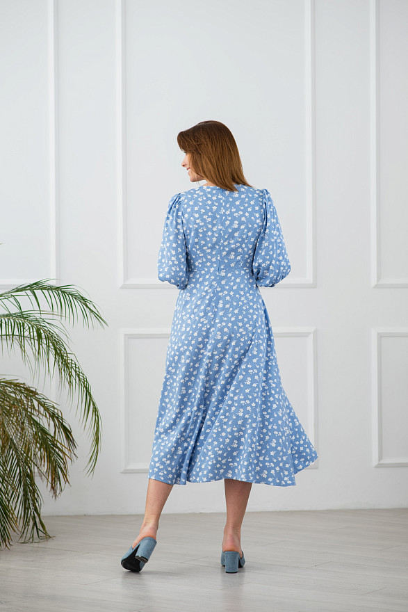 Blue floral print long dress with puffed skirt