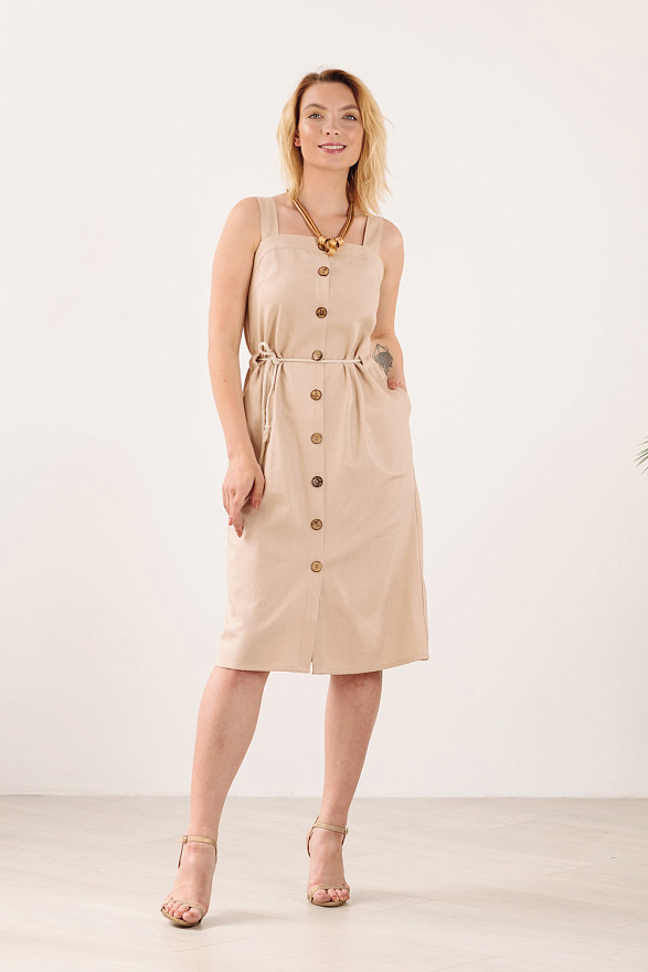 Бежевое миди платье из льна