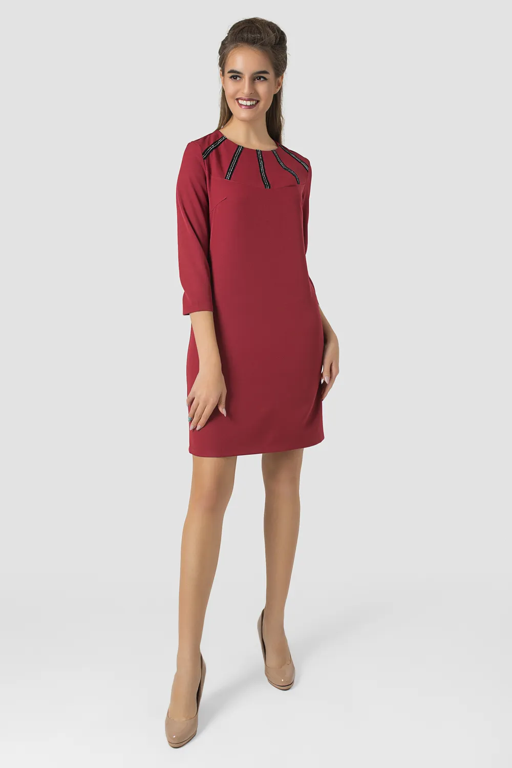 Dress with decorative trim in burgundy