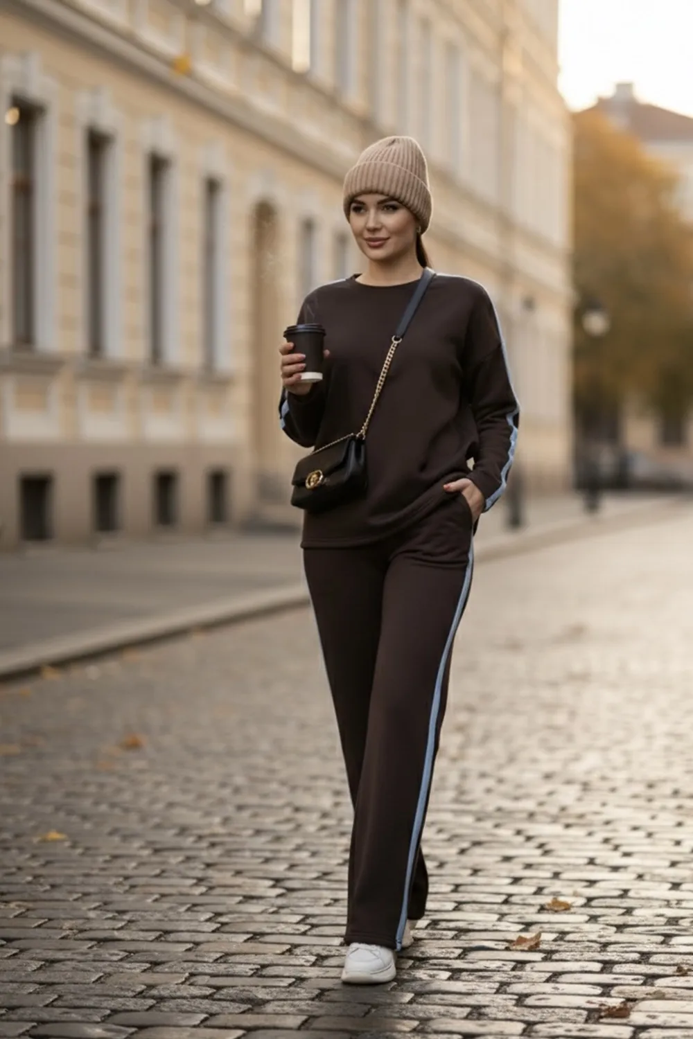 Chocolate walking suit with stripes