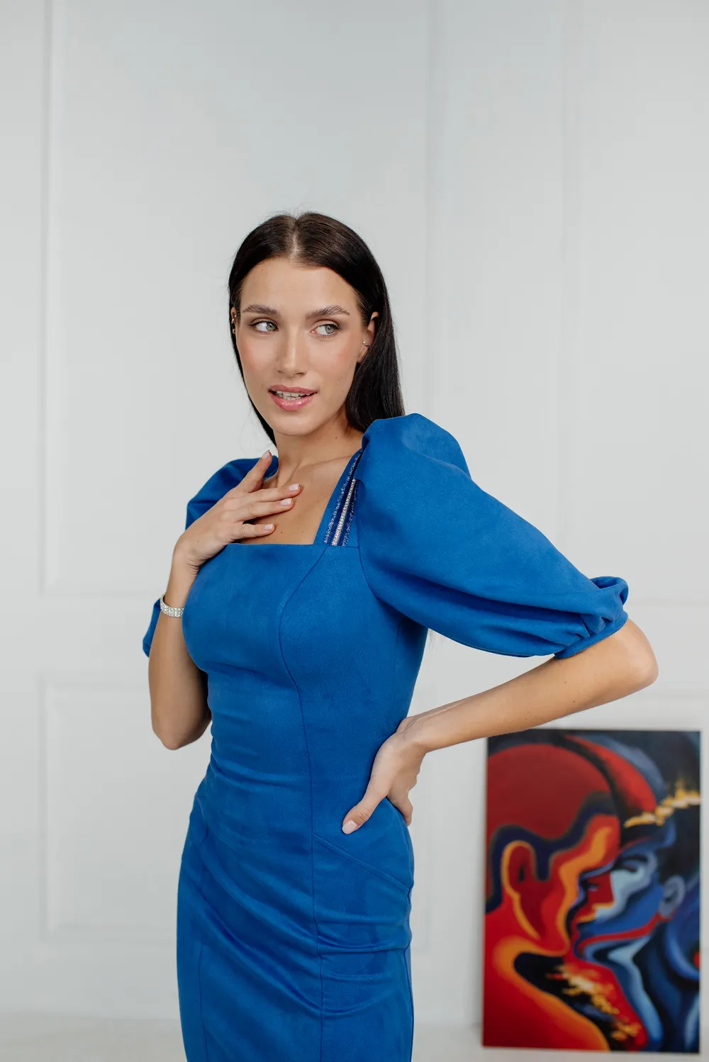 Cornflower blue midi dress with lace