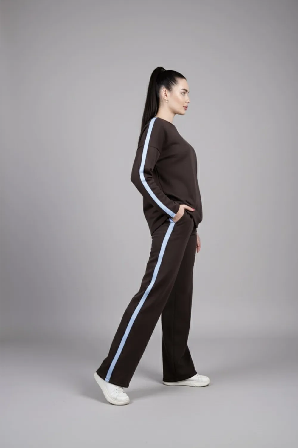 Chocolate walking suit with stripes