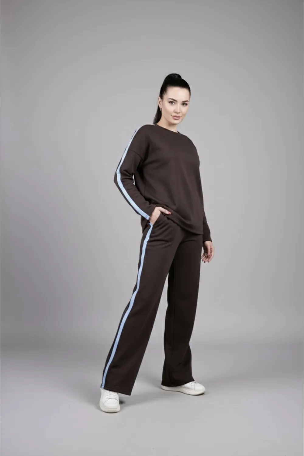 Chocolate walking suit with stripes