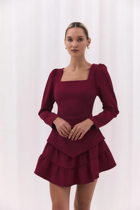 Burgundy blouse with a figured peplum Burgundy blouse with a figured peplum