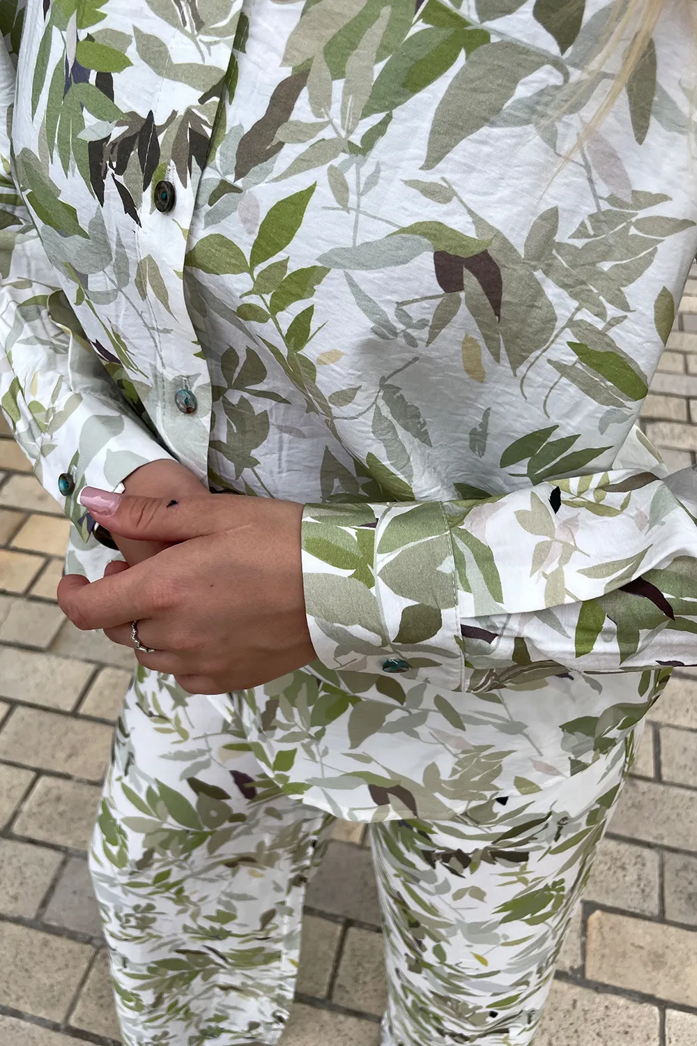 Green muslin suit with shirt and trousers