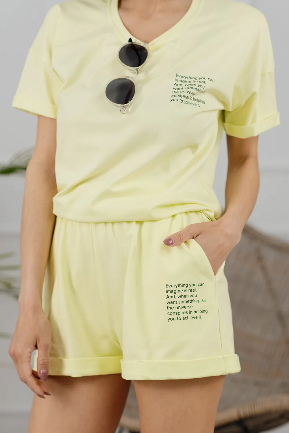 Yellow suit shorts and T-shirt