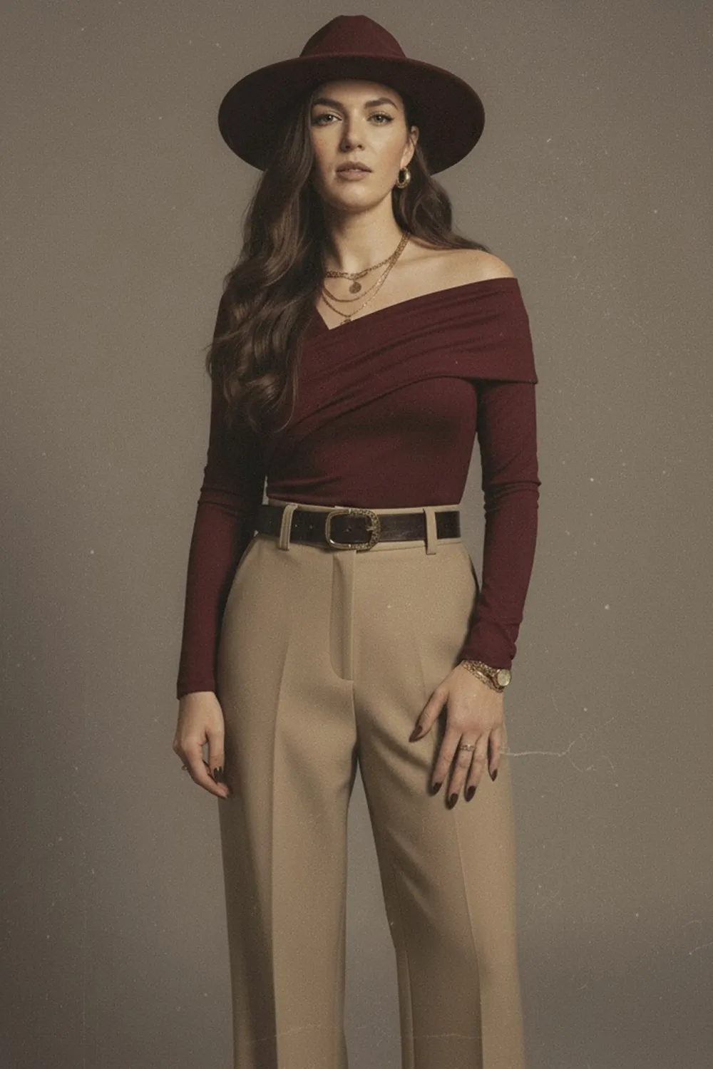 Бордовый лонгслив с длинным рукавом и асимметричным вырезом